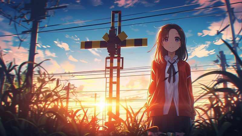 Anime Mädchen bei Sonnenuntergang